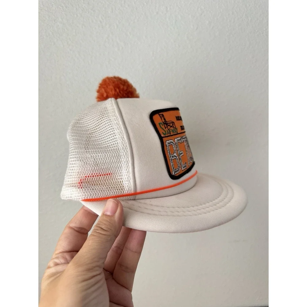 Vintage BETCO Builders Equipment Tool Co Trucker Hat‎ White Orange Pom Pom Cap